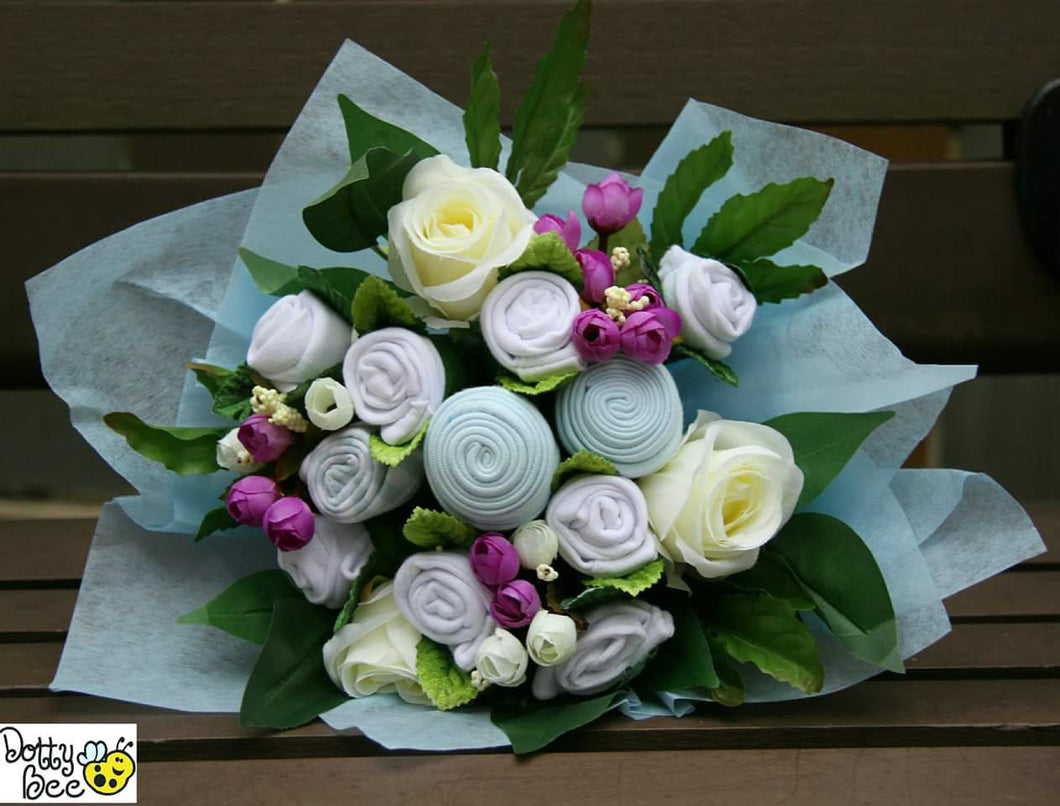 Blue baby clothes bouquet is a unique handmade baby gift for newborns.  Perfect newborn gift for baby shower.  Handmade baby gifts Hong Kong