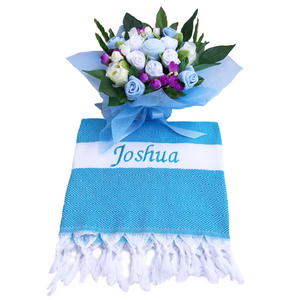 A Charming Blue Baby Clothes Bouquet & Personalized Blanket