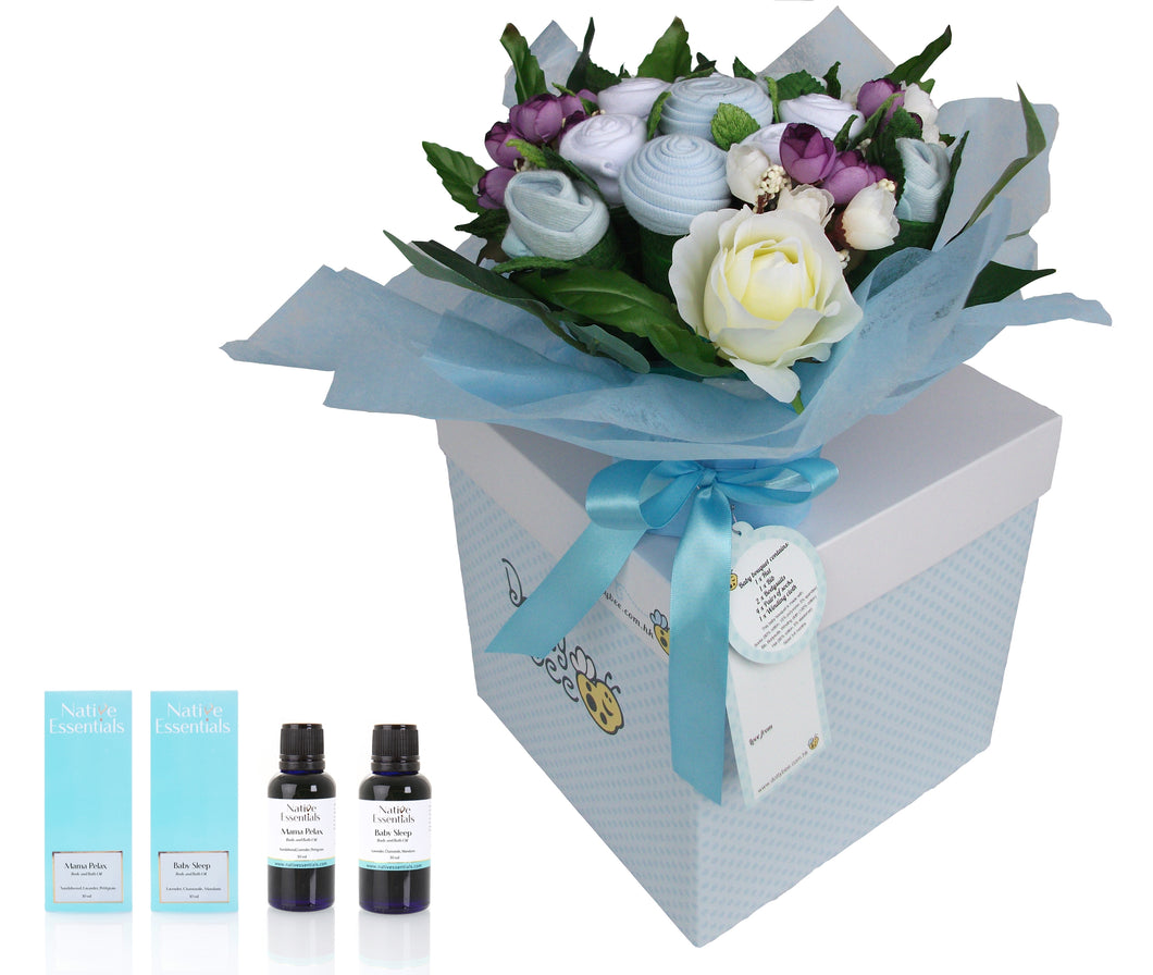 Mama & Baby - Sky Blue Bouquet with Relaxing Body & Bath Oils Gift Hamper